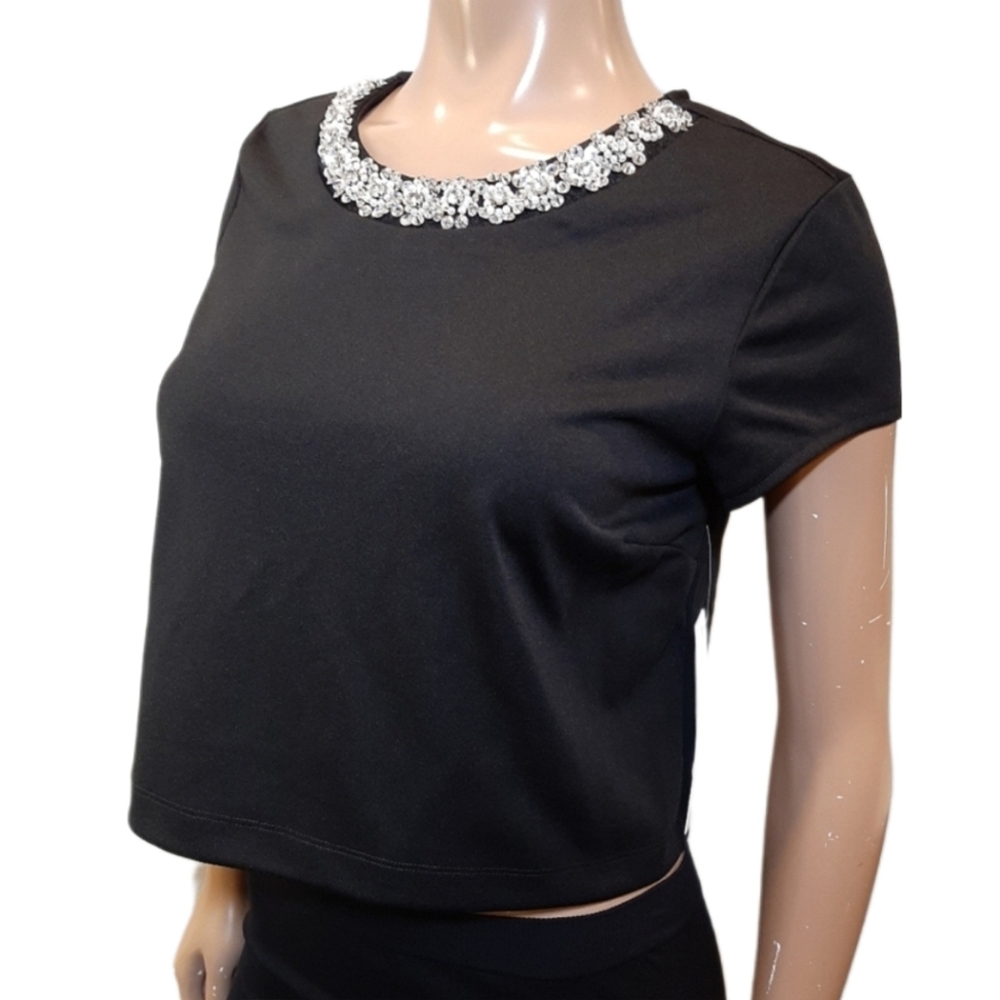 3/$20 Magazine Ponte Crop Top Embellished Short Sleeve Elegant Party Evening